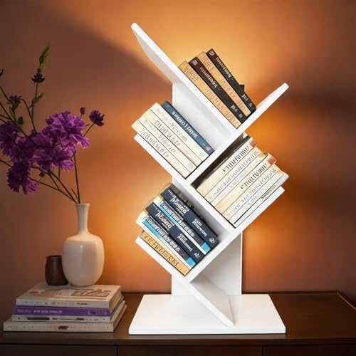 Godferyxin Tree Bookshelf with Liting,Small Bookcase LED and Desktop Book Shelf Light for Office, Home or School Mini Bookcase for Displaying Books, CDs, Magazines Wood White Bookshelf Small - color: 5tier-bookshelf Liting White