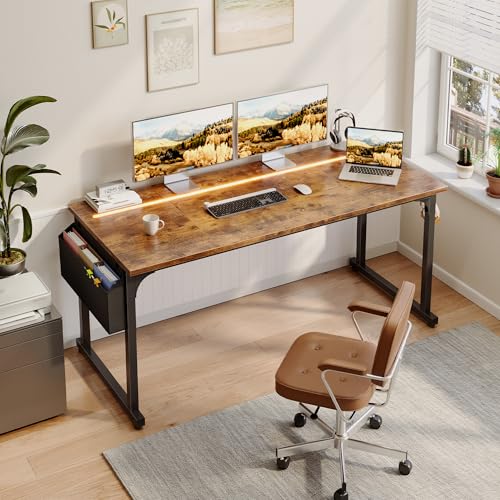 DurayLoly 55" Office Desks with LED Lights,Gaming Writing Work from Home Study Desk with Storage Bag,Home Office Desk with Headphone Hook Sturdy Metal Frame, Rustic Brown - color: Brown, size: 55 Inch