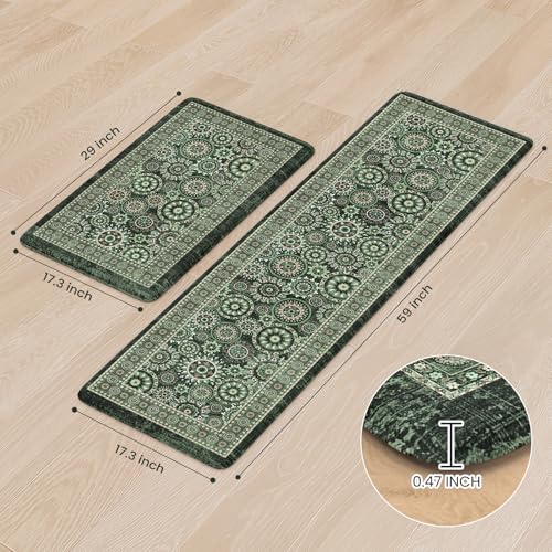 KIMODE Kitchen Mats for Floor Anti Fatigue, Farmhouse Green Kitchen Rugs Sets of 2, Cushioned Kitchen Floor Mats, Comfort Standing Mat for Sink, Laundry, Office, Desk 17"x59"+17"x29" - color: Green/Multi, size: 17.3" x 59"+17.3" x 29"--0.47 inches