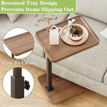 TV Tray Table for Eating,Sofa Armrest & 360° Swivel &Height Adjustable End Side Table for Couch,Snack Table for Sofa, Bedroom, Living Room, C Shaped End Table(Brown+Black) - color: Brown+black