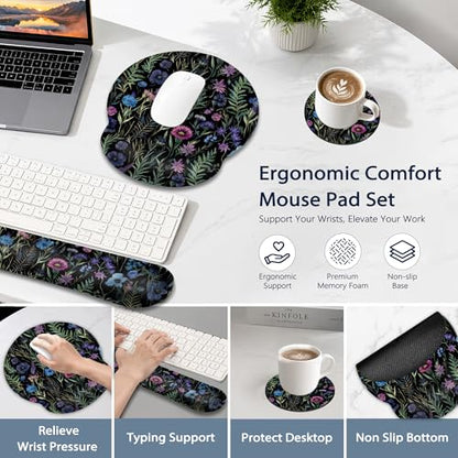 Flowers Herbs Wrist Rest Mouse Pad and Keyboard Support Set,Wildflowers 3 in 1 Ergonomic Memory Foam Mousepad with Non Slip Base, Gaming Mouse Pad for Office and Home - color: Flowers Herbs Wildflowers