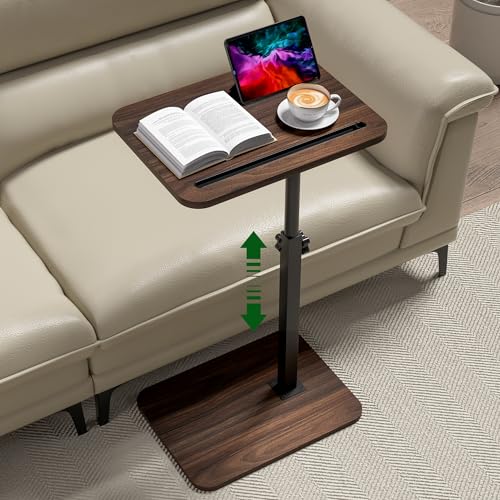 Side Table Sofa Tray for Couch - 360° Swivel Adjustable Height Rotating Sofa Table C Table End Table Laptop Desk with Phone & Tablet Slot, Perfect for Eating Working Reading, Fits Small Spaces - color: Brown