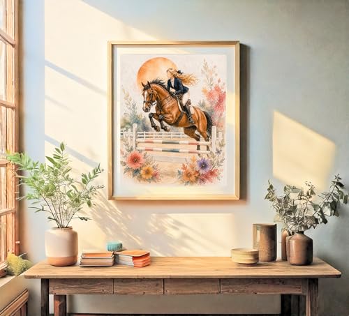 Inspirational Watercolor Jumping Horse Equestrian Quote Art Print for Girl's Bedroom Empowerment, Riding School Locker Team Gym Study Desk Wall Art, Sibling Grandparent Young Jumper Rider Team Captain Coach Parent Birthday Graduation Gifts - 8x10 Unframed