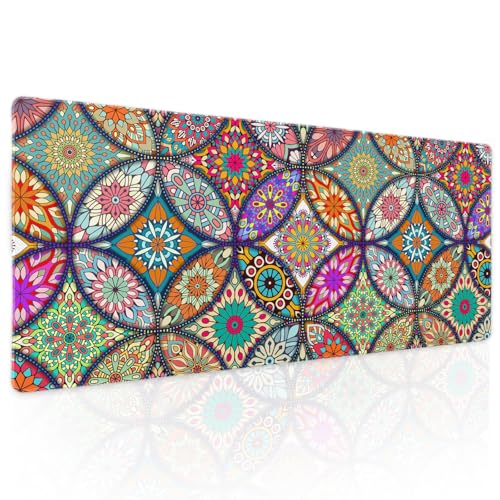Colorful Mandala Gaming Mouse Pad XL Pretty Boho Bohemian Extended Big Large Desk Mat Non-Slip Rubber Base Stitched Edge Long Keyboard Mousepad for PC Computer Laptop,31.5×11.8 in - color: Colorful Mandala, size: X-Large
