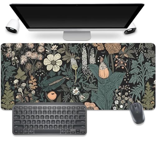 Dark Cottagecore Botanical Desk Pad Mouse Pad,Large Gaming Floral Mouse Mat with Stitched Edges,Non-Slip Waterproof Rubber Base Mousepad for Office Work Home Desk Mat(27.5X11.8 in) - color: Dark Cottagecore Folwers