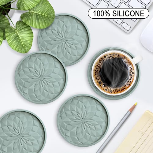 ME.FAN Silicone Coasters with Holder,[6 Pack] Drinking Coasters - Cup Mat for Hot or Cold Drinks, Thickened, Non-Slip, Non-stick,Deep Tray Desert Sage - color: Desert Sage