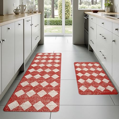 Moroccan Trellis Red Checkered Kitchen Rug Sets [2 PCs], Anti-Fatigue, Waterproof Non-Slip Kitchen Mats Heavy Duty Ergonomic Comfort Foam Rug for Floor, Home, Laundry,17"x29"+17"x47" - color: Trellis-red, size: 17.3"x29"+17.3"x47"-0.4"H