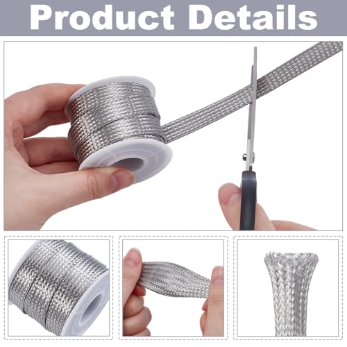 UNICRAFTALE 304 Stainless Steel Expandable Braided Cable Sleeve Knitting Scalable Network Ribbon Flat Cable Sleeve Cord Protector Wire Loom Tubing for Protect Cables 4m/roll - size: 4m x 12mm
