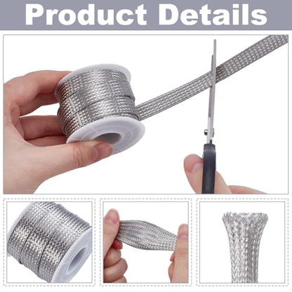 UNICRAFTALE 304 Stainless Steel Expandable Braided Cable Sleeve Knitting Scalable Network Ribbon Flat Cable Sleeve Cord Protector Wire Loom Tubing for Protect Cables 4m/roll - size: 4m x 12mm