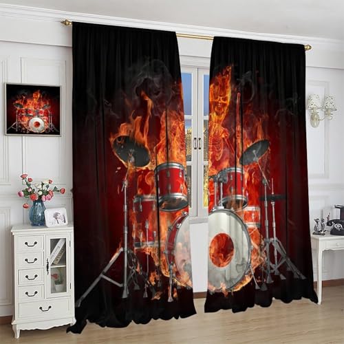 Music Curtain, Skeleton Flame Drums Hell of A Drummer Rock Music Theme Window Treatments Drapes for Boys Girls Teens Bedroom Living Room 42" W X 45" L(No Blackout) - color: Musical-3, size: 20.5"W x 45"L (Pack of 2)