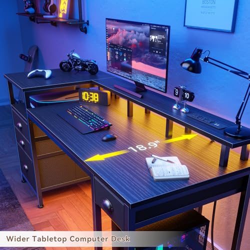 Furologee 60" Black Computer Desk with 4 Drawers and Printer Space, Gaming Desk with LED Lights and USB Power Outlets, Home Office Desk with Fabric File Cabinet,Study Work Table with Shelf for Bedroom - color: Black
