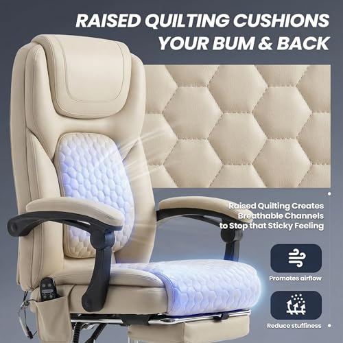 MALOL Massage Office Chair with 3-Level Heat and Footrest – 20-Min Easy Assembly, 300 lbs Big and Tall Reclining Desk Chair, PU Leather Ergonomic Executive Computer Chair with Side Pocket, Beige - color: Beige, size: Set of 1, style: Modern