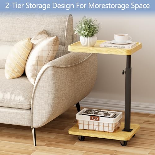 Tv Tray,Adjustable Height C Shaped End Side Table for Eating on Couch That Slide Under,360°Swivel Sofa Snack Dinner Table with Wheels for Living Room and Bedroom, Bed,Chair(Oak+Black) - color: Oak+black