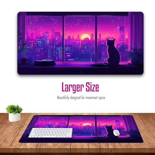 VNDL Large Kawaii Cat Gaming Mouse Pad – Cute Japanese Lofi Anime Desk Mat, Purple XXL Extended Mousepad for Office & Laptop, Waterproof, Non-Slip, Stitched Edges, 31.5 x 15.7 in - color: Purple, Black