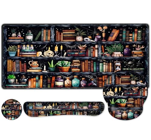Forest Library Books Mouse Pad, XXL Large Desk Mat Extended Nature Aesthetic Deskpad, 4 PCS Non-Slip Rubber Base Computer Mouse Pads for Work, Game, Office, Home Decor Gift I Magic Plants Bottles - color: Magic Plants Bottles