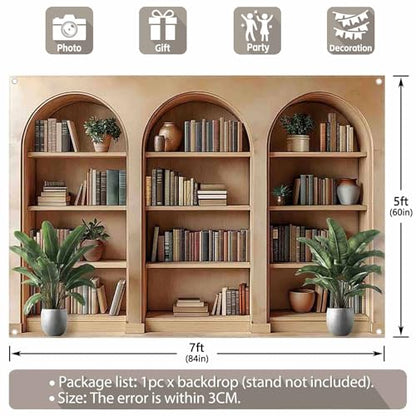 7x5ft Fabric Arched Bookshelf Backdrop School Library Books Modern Office Plants Video Conference Photography Background Indoor Decorations Photo Banner Props - size: 7'x5'