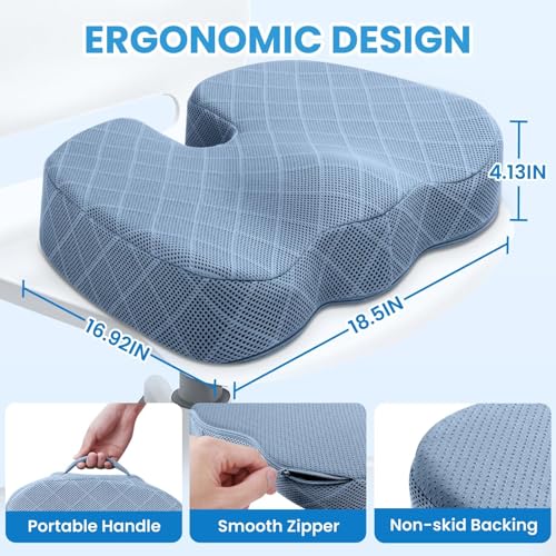 TushGuard Office/Car Seat Cushion, Non-Slip Sciatica & Back Coccyx Tailbone Pain Relief Chair Pad, Memory Foam Butt Pillow for Computer Desk, Wheelchair, Driving (Light Blue, XX-Large) - color: Light Blue, size: XX-Large