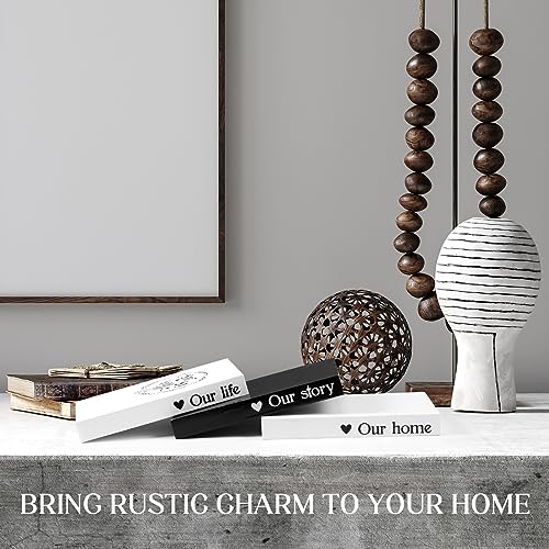 Capoda 3 Pcs Decorative Books for Home Decor Farmhouse Faux Stacked Books Wooden Rustic Table Decor with Bead Garland Twine Ribbon Faux Leaf for Table(This is Us) - style: This is us