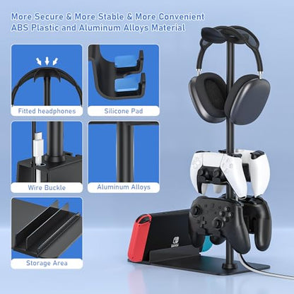 MANMUVIMO Headset Stand Controller Holder for 1 Headset and 4 Controller, Headphone Game Controller Stand for Desk, Gamer Gifts, Organizer Rack for iPad/Mobile Phone, Gaming Room Accessories - size: 1 Headphone 4 Controller Holder Black