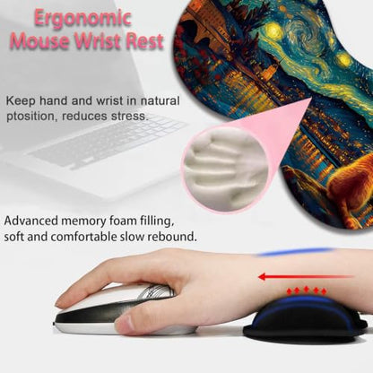 Large Gaming Mouse Pad + Wrist Rest+ Coaster Combo, 31.5 "x 11.8" Durable Non-Slip Extension Table Mat, Suitable for Office and Home, Cat Starry Night Art - color: Cat Starry Night Art