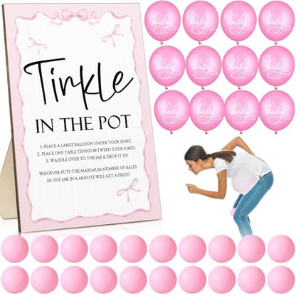 Tatuo 71 Baby Shower Game Sign Wooden Baby Shower Tinkle in the Pot Game Sign Gender Reveal Party Favors 20 Table Tennis Balls 50 Balloon Latex Balloon(Bow,Pink) - color: Pink, style: Bow