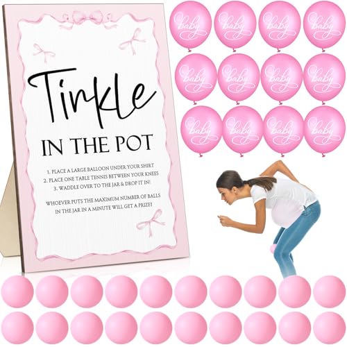 Tatuo 71 Baby Shower Game Sign Wooden Baby Shower Tinkle in the Pot Game Sign Gender Reveal Party Favors 20 Table Tennis Balls 50 Balloon Latex Balloon(Bow,Pink) - color: Pink, style: Bow