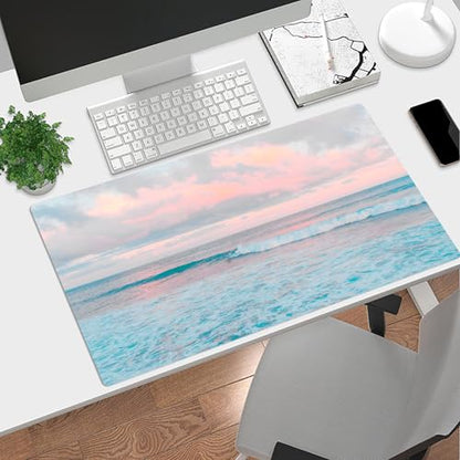 EOBTAIN Blue Beach Large Mouse Pad Coastal Desk Mat Cute Ocean Scene XXL Keyboard and Mouse Pad Desk Accessories for Office Home,Thin and Big Extended Smooth Non Slip Rubber Mousepad,31.5x15.7 Inch - color: Teal