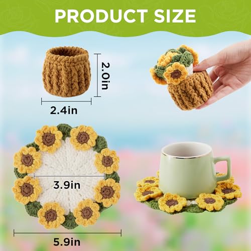 Flower Crochet Coasters, Handmade Bouquet Blanket Coaster with Crochet Plant Pot Fun Soft Decorative Drink Coasters for Coffee Tabletop Protection and Home Decor (Yellow, 1Pc) - color: Yellow, size: 1Pc