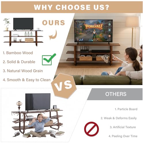 Tiita Wooden TV Stand for 65 Inch TV, Modern Media Console Table with 3-Tier Storage Shelves, Long Entertainment Center for Living Room, Walnut TV Stand with Open Display Rack - color: Walnut With 3 Layers