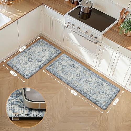 GENIMO Anti Fatigue Kitchen Mats for Floor 2PCS, Cushioned Standing Mats | 17.3"x47"&17.3"x30", Light Blue vintage boho rug set, waterproof, non slip, easy-clean for home laundry sink farmhouse - color: Light Blue, size: 17.3"x47"+17.3"x30"--0.4 inches