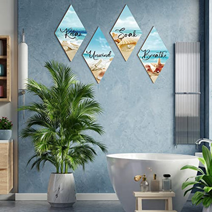 FairySandy 4 Pcs Boho Bathroom Wall Decor 11.8 x 6.69 Inch Bohemian Restroom Wall Art Bathroom Rustic Decoration Farmhouse Minimalist Relax Soak Unwind Breathe Sign for Bedroom Living Room Restroom - style: Sea