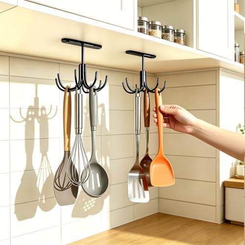 Metal Under Cabinet Kitchen Utensil Hooks,360° Rotating Kitchen Utensil Rack with 8 Hooks,Drilling Free Adhesive Utensils Hanging Rack for Tools/Towel/Knife (Black) - color: Metal-black