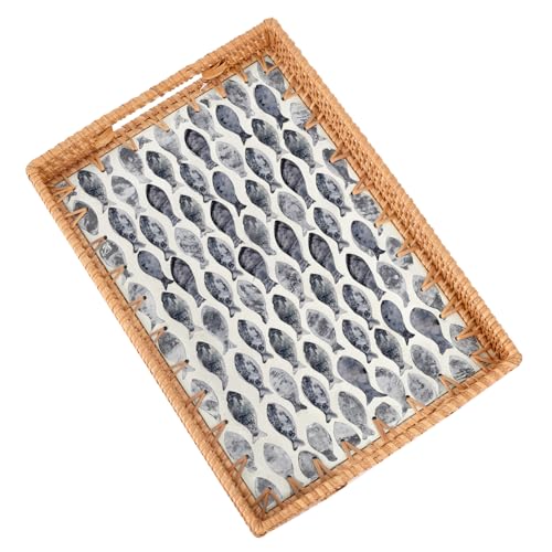 Rectangle Rattan Tray with Mother of Pearl Inlay, Rattan Serving Tray with Handle for Coffee, Bread, Fruits, Snacks, Decorative Wicker Tray for Table Decor (Rectangle Black Fish, 13"×9") - color: Dark Blue Fish