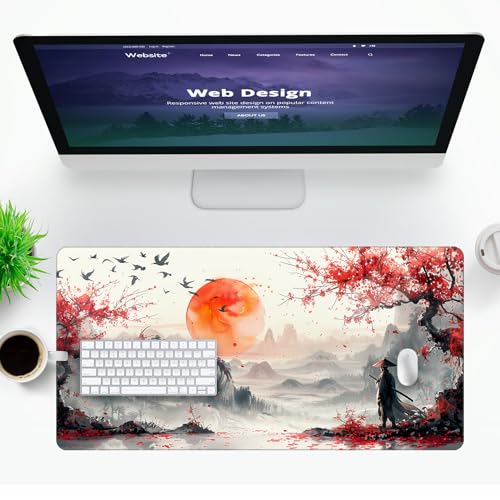 Large Japanese Gaming Mouse Pad, White and Red, Premium Non-Slip Anime Desk Pad for Office, Extended XL XXL Mouse Mat and Laptop Pad, Waterproof and Stiched Edges 31.5 x 15.7 in (sam1) - color: White, Red
