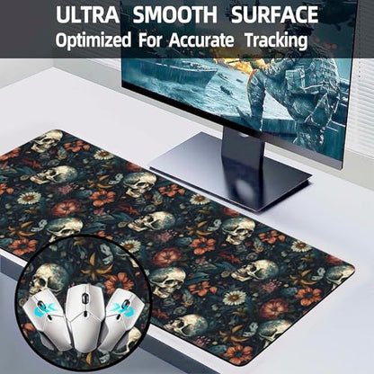 Desk Mat,Skulls with Flowers Large Gaming Mouse Pad XL,Skull Floral Desk Pad,Extended Big Computer Keyboard Mousepad with Non-Slip Base and Stitched Edges 31.5"x11.8" - color: Skulls With Flowers, size: XL-31.5"x11.8"