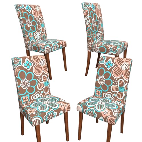 Stretch Dining Chair Covers Set of 4,Floral Print Chair Covers,Soft Removable Washable,Pet Friendly Furniture Protector,Universal Chair Slipcovers for Home, Kitchen,Ceremony Dining Room Seat - color: Vintage Brown Flowers, size: 4PCS