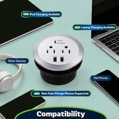 TOPGREENER Desktop Power Grommet with 60W PD for MacBook, GaN Desk Grommet with 1 Fast Charging USB-C Port, 2 USB-A Ports and Duplex Receptacles, TTRP48APD60-SV, Silver - color: Silver