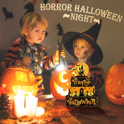 Britimes 4 Pcs Halloween Decorations for Home Wooden Tiered Tray Decorations Set Full Moon Happy Halloween Table Decor Farmhouse Rustic Tabletop Decor for Table & Home Office - style: Haunted House