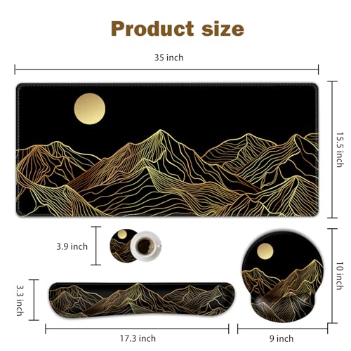 ARTSO Large Mouse Pad Keyboard Wrist Rest Combo, Ergonomic Mouse Pad with Wrist Support, Extended Non-Slip Desk Mat Protector, 4-in-1Set Desk Blotter for Office Home, Golden Sun Mountain - color: Golden Sun Mountain