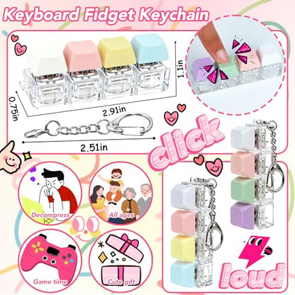 2 PCS 4-in-1 Keyboard Fidget Toy Keychain, Finger Clicky Button Toy Stress Relief Keychain with Swappable Keycaps, Mini Mechanical Key Fidget for Office Desk Focus Gifts (Purple Pink White) - color: Purple Pink White