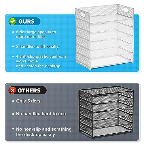 Marbrasse 6 Tier Paper Organizer Letter Tray - Mesh Desk File Organizer with Handle, Paper Sorter for Letter/A4 Office File Folder Holder - White - color: 6 Tier - White