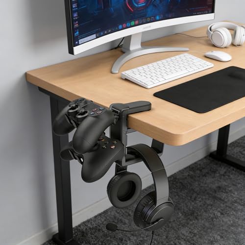 Controller Holder & Headphone Hook, Black | 3-in-1 Rotatable Under Desk Hook, Compatible with PS5/Xbox, Dual Game Controller Stand, Headset Hanger, Gaming Desk Organizer