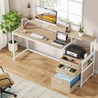 Tribesigns 63 Inch Computer Desk with File Drawer Cabinet, Ergonomic Office Desk with Monitor Stand, Industrial Computer Table with Printer Space, Wood PC Table Workstation Desk for Home Office - color: Walnut