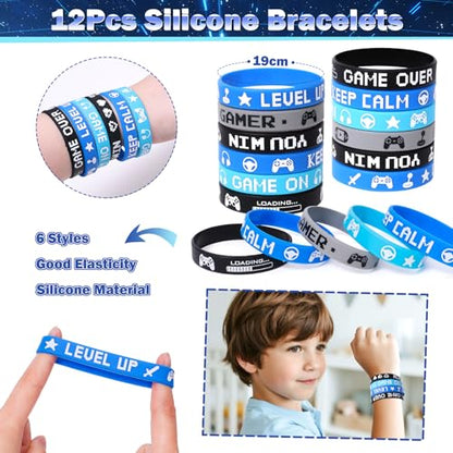 124Pcs Video Game Party Favors for Kids Gamer Birthday Supplies - Controller Straw Paper Bag Stamp Bracelet Glow Sticker Keychain Gaming Sticker, Boy Game On Pinata Filler Goodie Stuffer Decor