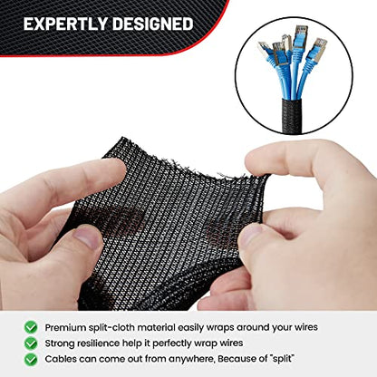 RED WOLF 10 Feet - 1 Inch Braided Wire Cable Sleeve Split Wiring Loom Tube Flexible Self-Wrap for Automotive Computer Cable Cord Management Cover Protector, Anti-Scratch High-Temperature Black Loom - size: 1" x 10FT