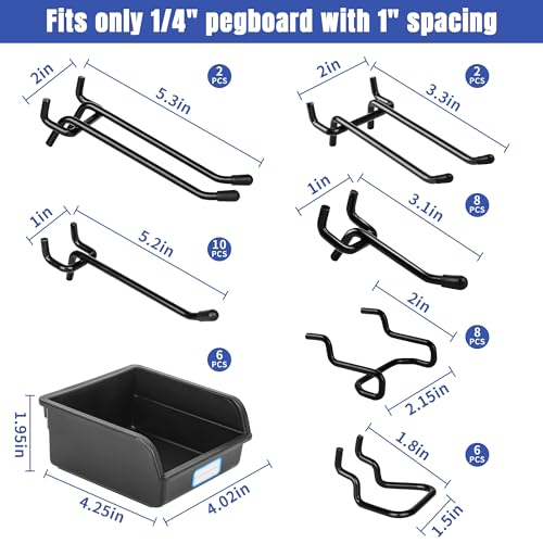 196 PCS Extra Thick 1/4" Pegboard Hooks Set, Heavy Duty Peg Board for Hanging Storage, Black Metal Pegboard Accessories with Pegboard Bins for Garage Wall Organizer - size: 196PCS