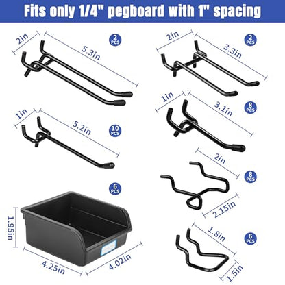 196 PCS Extra Thick 1/4" Pegboard Hooks Set, Heavy Duty Peg Board for Hanging Storage, Black Metal Pegboard Accessories with Pegboard Bins for Garage Wall Organizer - size: 196PCS