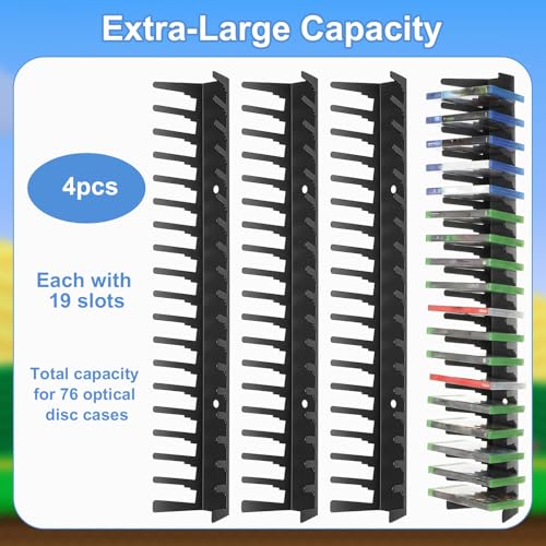 Video Game Storage Wall Mount, 4 Pack Heavy-Duty Metal Game Case Holder - Holds Up to 76 Disc Boxes, Wall Mounted Media Storage Shelves Compatible for PS, Xbx, DVD, Switch Game Organize Display