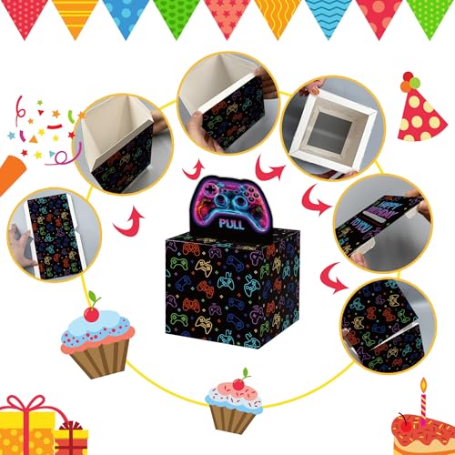 Surprise Money Box Gift Pull for Game Lover- Neon Happy Birthday Money Box for Cash Gift Set Included Happy Birthday Card and 35 Pcs Transparent Bag - color: Game 001