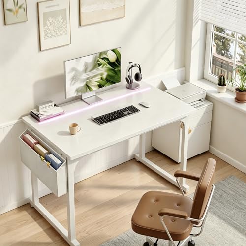 DurayLoly 40" Computer Desk with Waterproof LED Lights,Bedroom Study Desk for Teens,Dorm Room Essentials,Headphone Hook&Storage Bag for Small Spaces,Sturdy Metal Frame,White - color: White, size: 40 Inch
